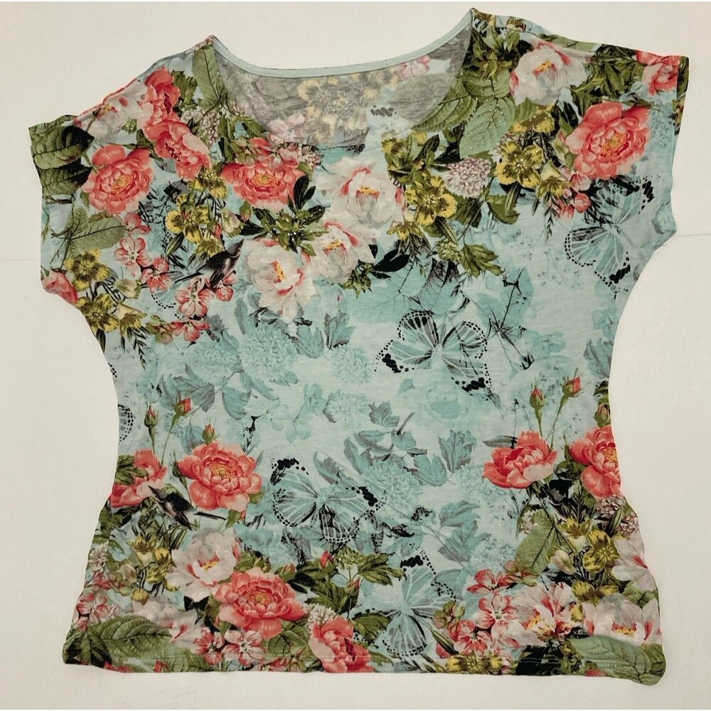 Apt. 9 Floral Butterfly Print Rhinestone Detail Dolman Sleeve Blouse XL